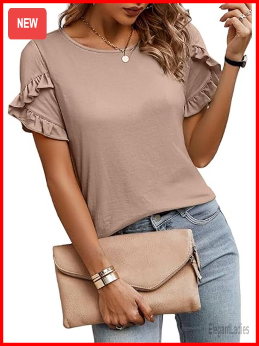 Ruffle Sleeve Crewneck T-Shirt Business Casual Work Top